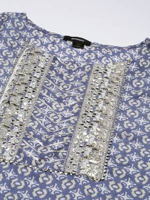 women's round neck abstract blue straight kurta and trouser with dupatta 3