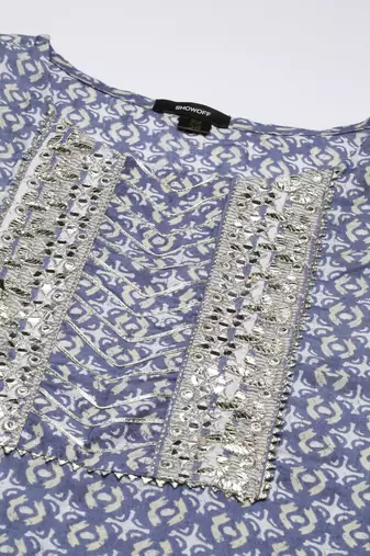 women's round neck abstract blue straight kurta and trouser with dupatta