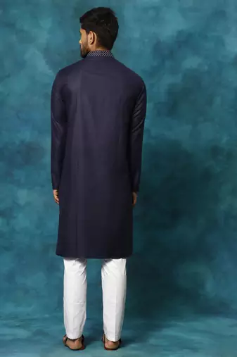 Men'S Navy And White Cotton Blend Kurta Pyjama Set