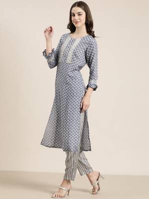women's round neck abstract blue straight kurta and trouser with dupatta 4