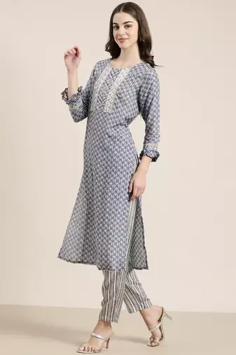women's round neck abstract blue straight kurta and trouser with dupatta
