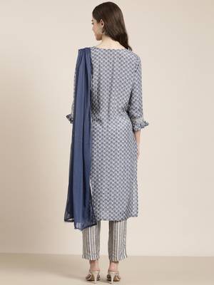 women's round neck abstract blue straight kurta and trouser with dupatta 5