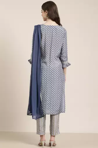 women's round neck abstract blue straight kurta and trouser with dupatta