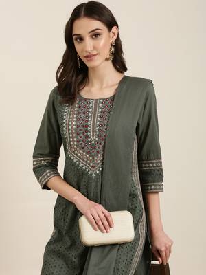 women's round neck solid zari olive straight kurta and trouser with dupatta 1