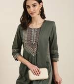 women's round neck solid zari olive straight kurta and trouser with dupatta