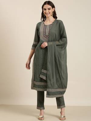 women's round neck solid zari olive straight kurta and trouser with dupatta 2