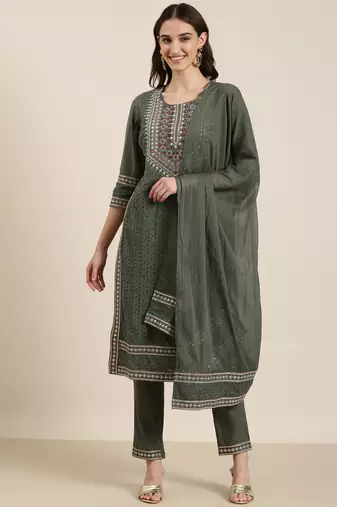 women's round neck solid zari olive straight kurta and trouser with dupatta