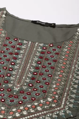 women's round neck solid zari olive straight kurta and trouser with dupatta