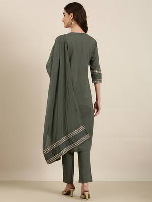 women's round neck solid zari olive straight kurta and trouser with dupatta 4