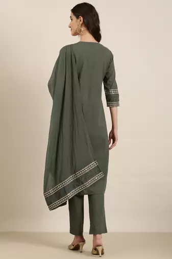women's round neck solid zari olive straight kurta and trouser with dupatta