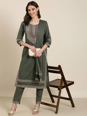 women's round neck solid zari olive straight kurta and trouser with dupatta 5