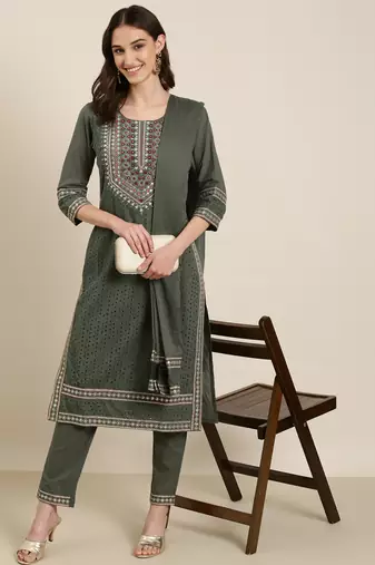 women's round neck solid zari olive straight kurta and trouser with dupatta