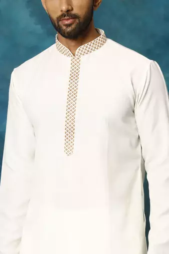 Cream And White Cotton Blend Kurta Pyjama Set