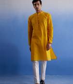 Men'S Mustard And White Pure Cotton Kurta Pyjama Set
