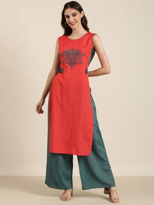 women's round neck solid red straight kurta and palazzos 2