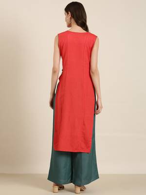 women's round neck solid red straight kurta and palazzos 4