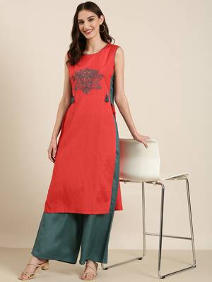 women's round neck solid red straight kurta and palazzos 5