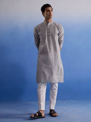 Grey And White Pure Cotton Kurta Pyjama Set 1