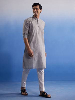 Grey And White Pure Cotton Kurta Pyjama Set 2