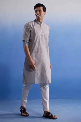 Grey And White Pure Cotton Kurta Pyjama Set