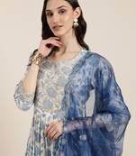 women's round neck floral zari cream a-line kurta and trouser with dupatta