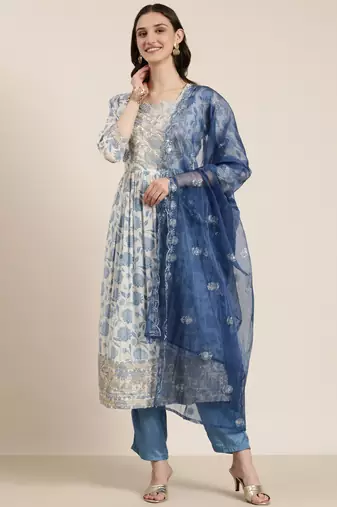 women's round neck floral zari cream a-line kurta and trouser with dupatta