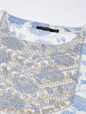 women's round neck floral zari cream a-line kurta and trouser with dupatta 3