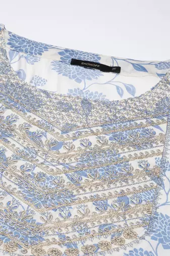 women's round neck floral zari cream a-line kurta and trouser with dupatta