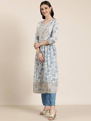 women's round neck floral zari cream a-line kurta and trouser with dupatta 4