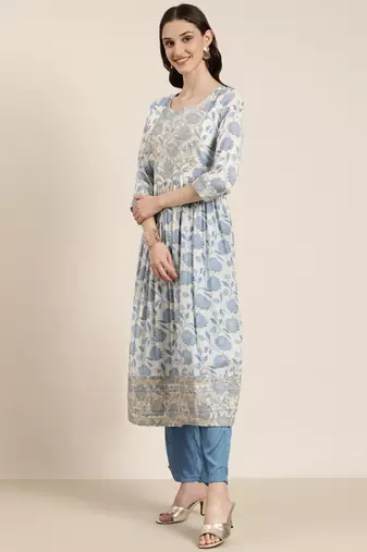 women's round neck floral zari cream a-line kurta and trouser with dupatta