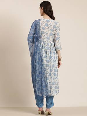 women's round neck floral zari cream a-line kurta and trouser with dupatta 5