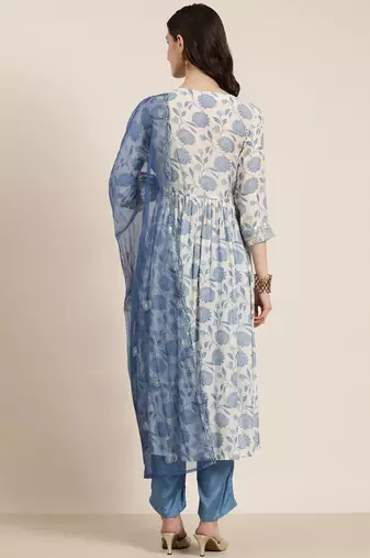 women's round neck floral zari cream a-line kurta and trouser with dupatta
