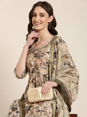 women's round neck floral beige anarkali kurta and trouser with dupatta 1