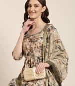 women's round neck floral beige anarkali kurta and trouser with dupatta