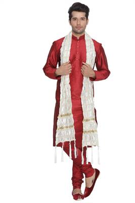  men's maroon silk blend kurta, pyjama & dupatta set 1