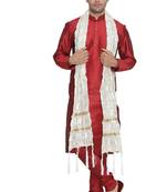  men's maroon silk blend kurta, pyjama & dupatta set