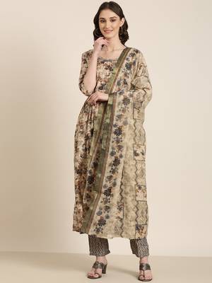 women's round neck floral beige anarkali kurta and trouser with dupatta 2