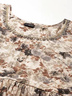 women's round neck floral beige anarkali kurta and trouser with dupatta 3