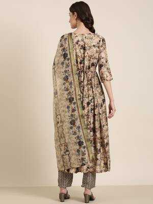 women's round neck floral beige anarkali kurta and trouser with dupatta 4