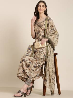 women's round neck floral beige anarkali kurta and trouser with dupatta 5