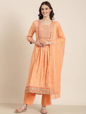 women's round neck bandhani zari peach anarkali kurta and trouser with dupatta 1