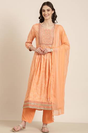women's round neck bandhani zari peach anarkali kurta and trouser with dupatta