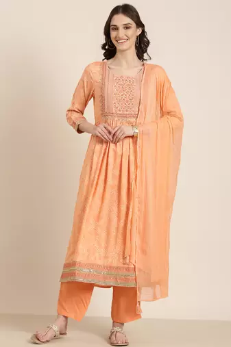 women's round neck bandhani zari peach anarkali kurta and trouser with dupatta