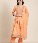 women's round neck bandhani zari peach anarkali kurta and trouser with dupatta