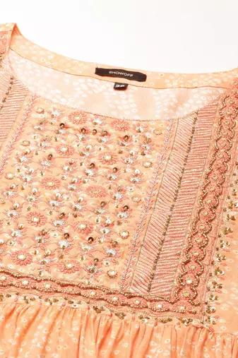 women's round neck bandhani zari peach anarkali kurta and trouser with dupatta