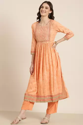 women's round neck bandhani zari peach anarkali kurta and trouser with dupatta