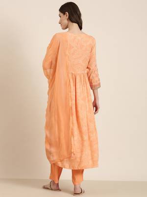 women's round neck bandhani zari peach anarkali kurta and trouser with dupatta 5