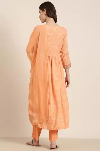 women's round neck bandhani zari peach anarkali kurta and trouser with dupatta