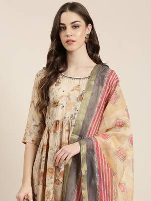 women's round neck floral beige anarkali kurta and trouser with dupatta 1