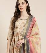 women's round neck floral beige anarkali kurta and trouser with dupatta